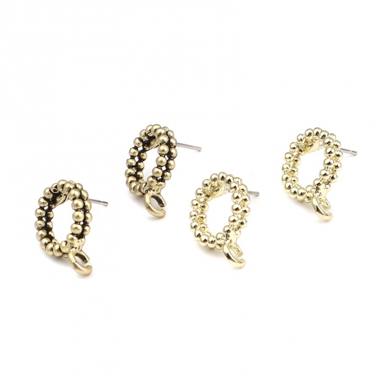 Picture of Zinc Based Alloy Ear Post Stud Earrings Findings Circle Ring Gold Tone Antique Gold W/ Loop 17mm x 13mm, Post/ Wire Size: (21 gauge), 10 PCs