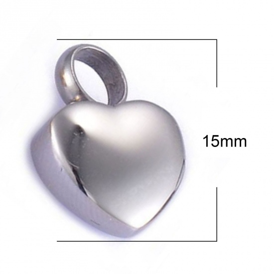 Bild von Edelstahl Kremation Asche Urnen Charms Herz Silberfarbe Blank Schild zu Gravieren 15mm x 12mm, 1 Stück