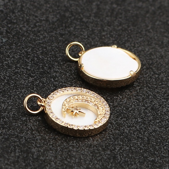 Picture of Shell & Brass Galaxy Charms Round 18K Real Gold Plated White Moon Micro Pave Clear Rhinestone 21mm x 16mm, 1 Piece                                                                                                                                            