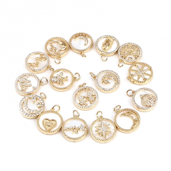 Picture of Shell & Brass Galaxy Charms Round 18K Real Gold Plated White Moon Micro Pave Clear Rhinestone 21mm x 16mm, 1 Piece                                                                                                                                            