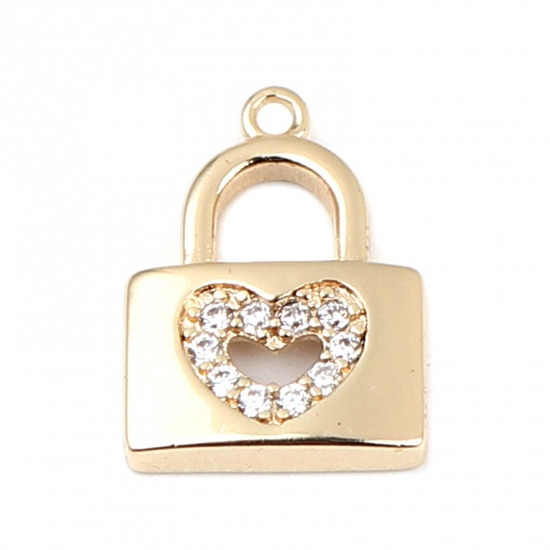 Picture of Brass Micro Pave Charms Lock 18K Real Gold Plated Heart Clear Rhinestone 13mm x 10mm, 2 PCs