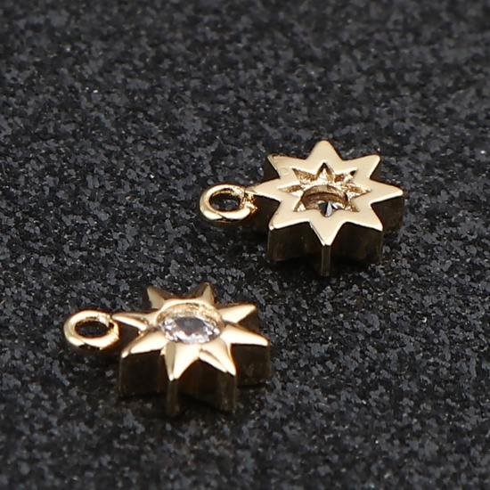 Picture of Brass Galaxy Charms Sun 18K Real Gold Plated Clear Rhinestone 9mm x 7mm, 3 PCs