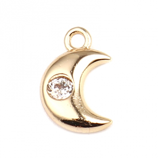 Picture of Brass Galaxy Charms Half Moon 18K Real Gold Plated Clear Rhinestone 10mm x 7mm, 3 PCs