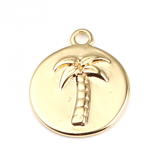 Picture of Brass Charms Round 18K Real Gold Plated Coconut Palm Tree 16mm x 13mm, 3 PCs