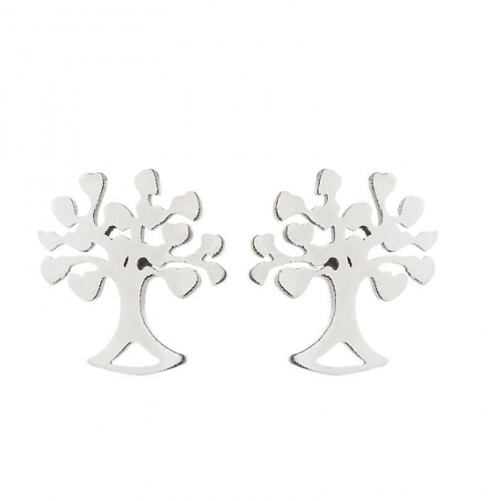 Image de Boucles d'Oreilles Puces en Acier Inoxydable Argent Mat Arbre de Vie 10mm x 9mm , 1 Paire