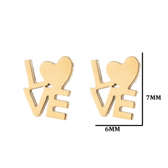 Picture of Stainless Steel Ear Post Stud Earrings Gold Plated " Love " 7mm x 6mm, 1 Pair