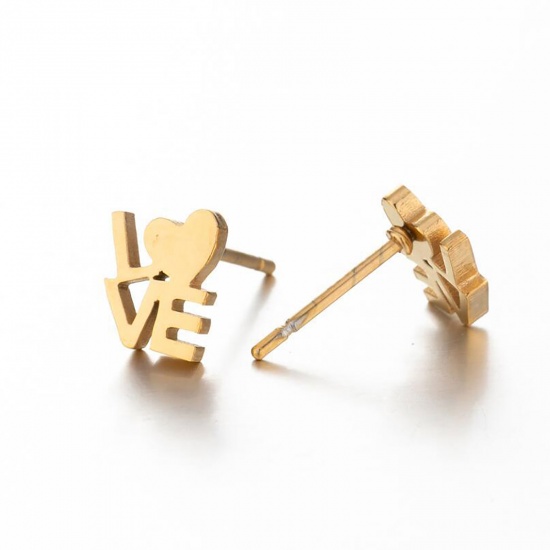 Picture of Stainless Steel Ear Post Stud Earrings Gold Plated " Love " 7mm x 6mm, 1 Pair