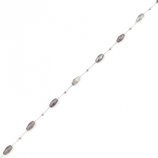 Picture of 1 M Stainless Steel AB Color Beaded Chain For Handmade DIY Jewelry Making Findings Marquise Silver Tone Multicolor 9x4mm