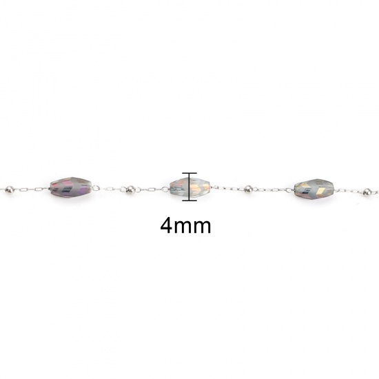 Picture of 1 M Stainless Steel AB Color Beaded Chain For Handmade DIY Jewelry Making Findings Marquise Silver Tone Multicolor 9x4mm