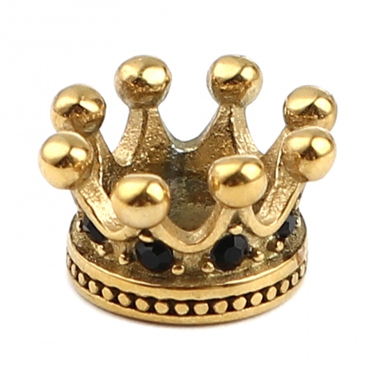 Immagine di 1 Pz Placcatura Sottovuoto PVD Ecologica Acciaio Inossidabile Perline per la Creazione di Gioielli con Fai-da-te Oro Antico Corona Nero Strass 12mm x 7mm, Buco: Circa 6.1mm