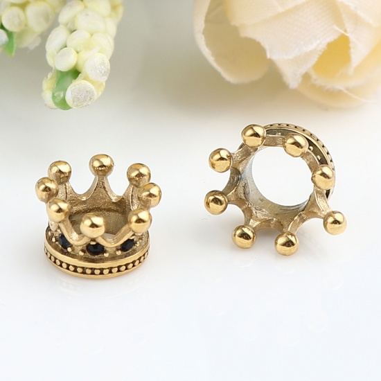 Immagine di 1 Pz Placcatura Sottovuoto PVD Ecologica Acciaio Inossidabile Perline per la Creazione di Gioielli con Fai-da-te Oro Antico Corona Nero Strass 12mm x 7mm, Buco: Circa 6.1mm