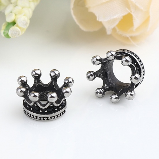 Immagine di Acciaio Inossidabile Perline Corona Argento Antico Nero Strass 12mm x 7mm, Buco: Circa 6.1mm, 1 Pz