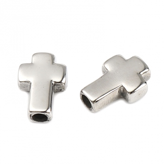 Bild von Edelstahl Religiös Perlen Kreuz Silberfarbe 14mm x 10mm, Loch: ca. 2.7mm, 1 Stück