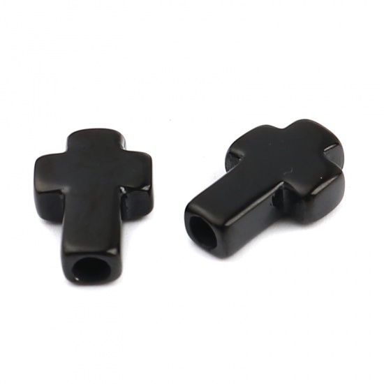 Bild von 1 Stück Umweltfreundliche PVD-Vakuumbeschichtung Edelstahl Religiös Perlen zur DIY-Schmuckherstellung Schwarz Kreuz 14mm x 10mm, Loch: ca. 2.7mm
