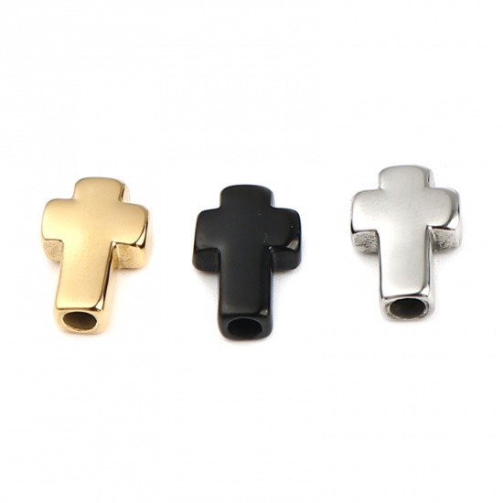 Bild von 1 Stück Umweltfreundliche PVD-Vakuumbeschichtung Edelstahl Religiös Perlen zur DIY-Schmuckherstellung Schwarz Kreuz 14mm x 10mm, Loch: ca. 2.7mm