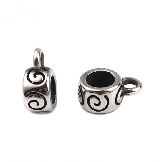 Picture of Stainless Steel Bail Beads Cylinder Antique Silver Color Swirl 9mm x 7mm, Hole: Approx 4mm 1.8mm, 1 Piece