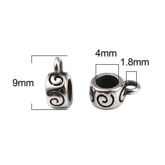 Picture of Stainless Steel Bail Beads Cylinder Antique Silver Color Swirl 9mm x 7mm, Hole: Approx 4mm 1.8mm, 1 Piece