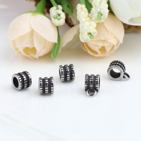 Picture of Stainless Steel Bail Beads Cylinder Antique Silver Color 9mm x 6mm, Hole: Approx 4.1mm 1.9mm, 1 Piece