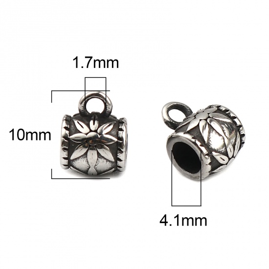 Picture of Stainless Steel Bail Beads Cylinder Antique Silver Color Flower 10mm x 7mm, Hole: Approx 4.1mm 1.7mm, 1 Piece