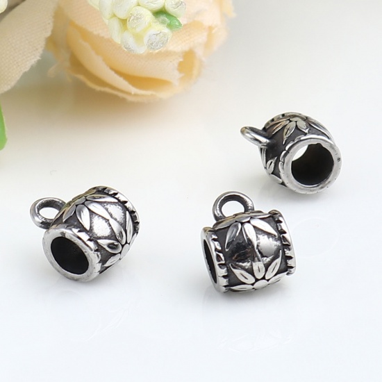 Picture of Stainless Steel Bail Beads Cylinder Antique Silver Color Flower 10mm x 7mm, Hole: Approx 4.1mm 1.7mm, 1 Piece