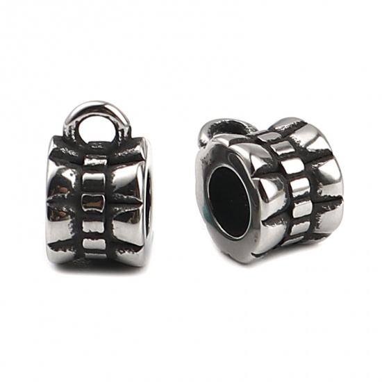 Picture of Stainless Steel Bail Beads Cylinder Antique Silver Color Stripe 10mm x 6mm, Hole: Approx 4mm 1.8mm, 1 Piece