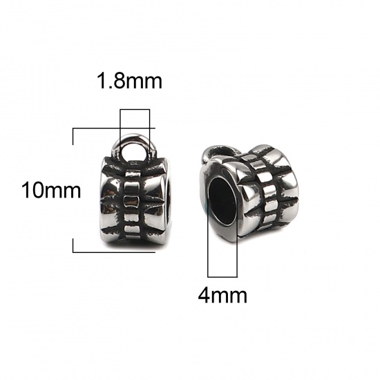 Picture of Stainless Steel Bail Beads Cylinder Antique Silver Color Stripe 10mm x 6mm, Hole: Approx 4mm 1.8mm, 1 Piece