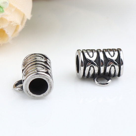 Picture of Stainless Steel Bail Beads Cylinder Antique Silver Color Oval 10mm x 9mm, Hole: Approx 4mm 1.9mm, 1 Piece