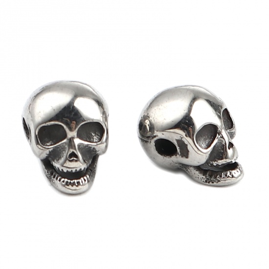 Imagen de Acero Inoxidable Halloween Cuentas Cráneo Plata Antigua 12mm x 9mm, Agujero: Aprox 2.1mm, 1 Unidad