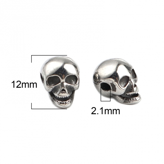 Imagen de Acero Inoxidable Halloween Cuentas Cráneo Plata Antigua 12mm x 9mm, Agujero: Aprox 2.1mm, 1 Unidad