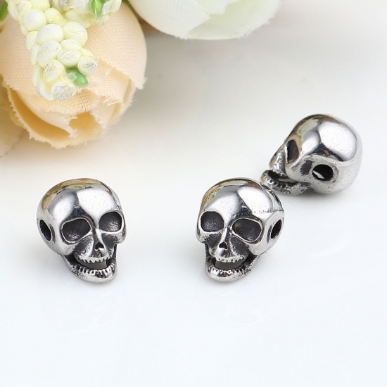 Imagen de Acero Inoxidable Halloween Cuentas Cráneo Plata Antigua 12mm x 9mm, Agujero: Aprox 2.1mm, 1 Unidad