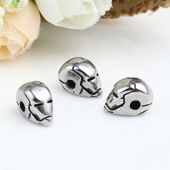 Imagen de Acero Inoxidable Halloween Cuentas Cráneo Plata Antigua 13mm x 7mm, Agujero: Aprox 2.4mm, 1 Unidad