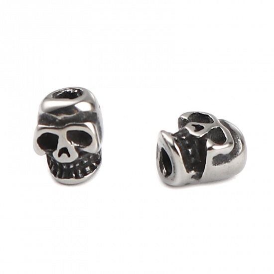 Imagen de Acero Inoxidable Halloween Cuentas Cráneo Plata Antigua 7mm x 6mm, Agujero: Aprox 1.6mm, 1 Unidad