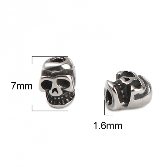 Imagen de Acero Inoxidable Halloween Cuentas Cráneo Plata Antigua 7mm x 6mm, Agujero: Aprox 1.6mm, 1 Unidad