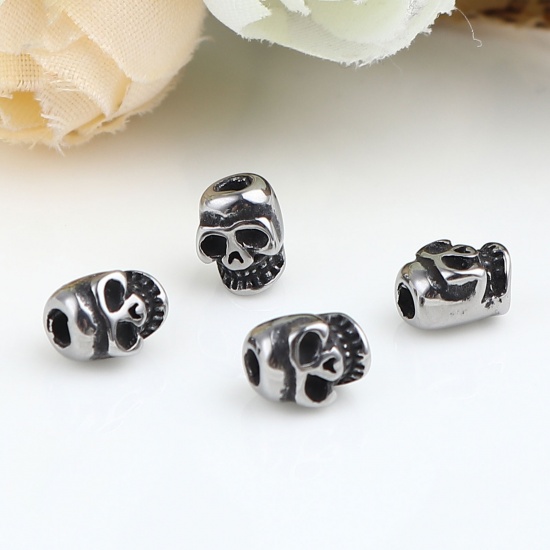 Imagen de Acero Inoxidable Halloween Cuentas Cráneo Plata Antigua 7mm x 6mm, Agujero: Aprox 1.6mm, 1 Unidad