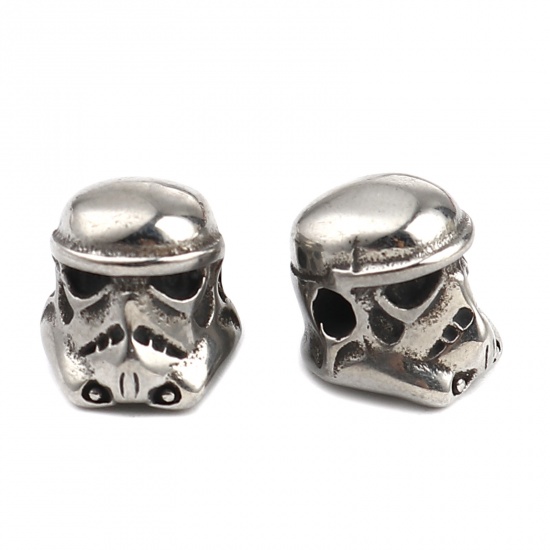Image de Perles Halloween en Acier Inoxydable Tête de Mort Argent Vieilli Masque 12mm x 10mm, Trou: env. 2.4mm, 1 Pièce
