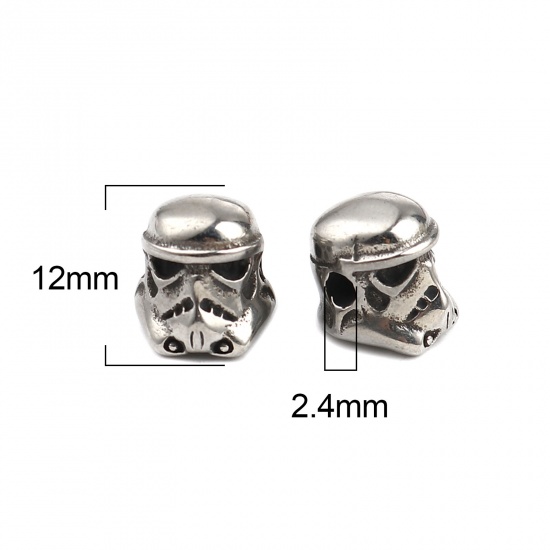 Image de Perles Halloween en Acier Inoxydable Tête de Mort Argent Vieilli Masque 12mm x 10mm, Trou: env. 2.4mm, 1 Pièce