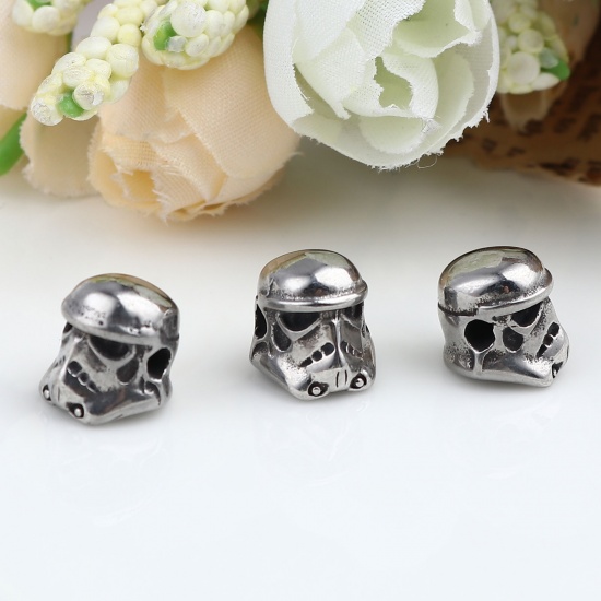 Image de Perles Halloween en Acier Inoxydable Tête de Mort Argent Vieilli Masque 12mm x 10mm, Trou: env. 2.4mm, 1 Pièce