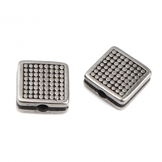 Image de Perles en Acier Inoxydable Carré Argent Vieilli à Pois 9mm x 9mm, Trou: env. 2mm, 1 Pièce