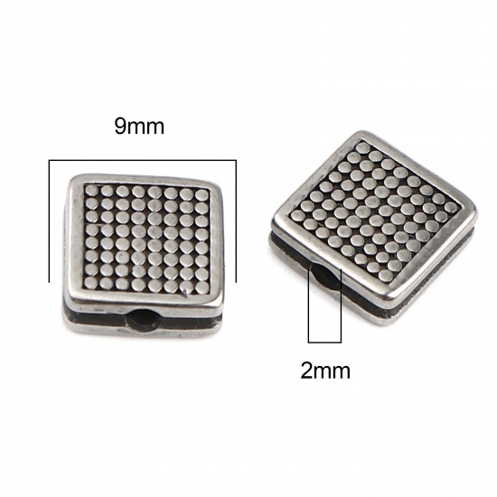Image de Perles en Acier Inoxydable Carré Argent Vieilli à Pois 9mm x 9mm, Trou: env. 2mm, 1 Pièce