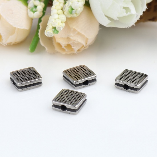 Image de Perles en Acier Inoxydable Carré Argent Vieilli à Pois 9mm x 9mm, Trou: env. 2mm, 1 Pièce