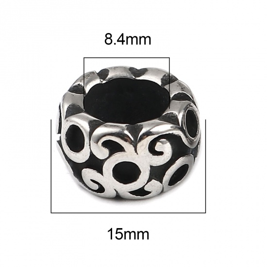 Image de Perles en Acier Inoxydable Rond Argent Vieilli Motif Sculpté env. 15mm Dia., Trou: env. 8.4mm, 1 Pièce