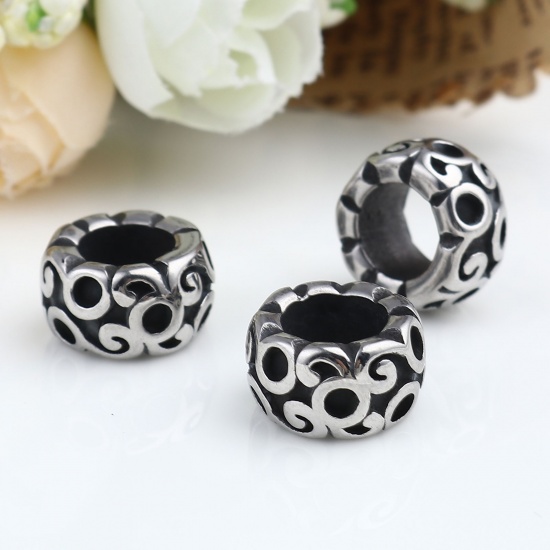 Image de Perles en Acier Inoxydable Rond Argent Vieilli Motif Sculpté env. 15mm Dia., Trou: env. 8.4mm, 1 Pièce