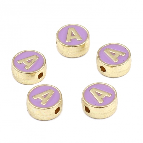 Picture of Zinc Based Alloy Spacer Beads Flat Round Gold Plated Purple Initial Alphabet/ Capital Letter Message " A " About 8mm Dia., Hole: Approx 1.5mm, 10 PCs