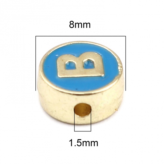 Picture of Zinc Based Alloy Spacer Beads Flat Round Gold Plated Blue Initial Alphabet/ Capital Letter Message " B " About 8mm Dia., Hole: Approx 1.5mm, 10 PCs