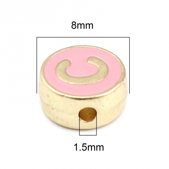 Picture of Zinc Based Alloy Spacer Beads Flat Round Gold Plated Pink Initial Alphabet/ Capital Letter Message " C " About 8mm Dia., Hole: Approx 1.5mm, 10 PCs
