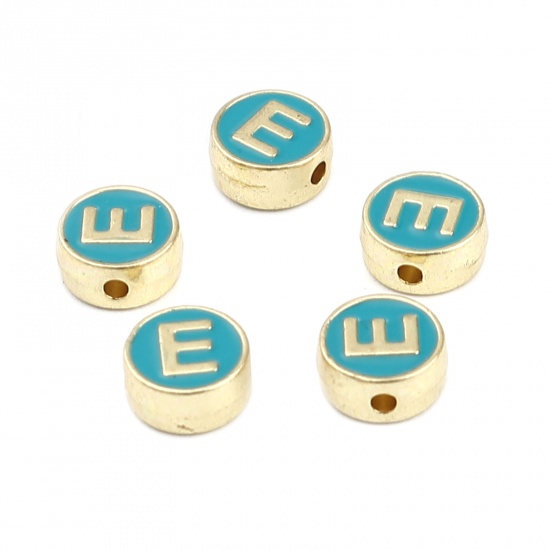 Picture of Zinc Based Alloy Spacer Beads Flat Round Gold Plated Peacock Green Initial Alphabet/ Capital Letter Message " E " About 8mm Dia., Hole: Approx 1.5mm, 10 PCs