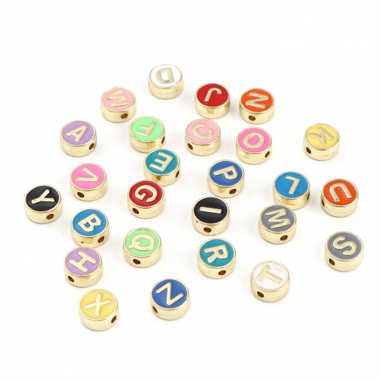 Picture of Zinc Based Alloy Spacer Beads Flat Round Gold Plated Peacock Green Initial Alphabet/ Capital Letter Message " E " About 8mm Dia., Hole: Approx 1.5mm, 10 PCs