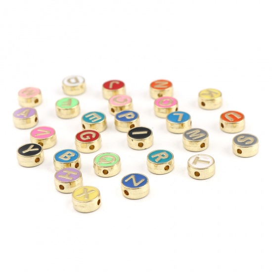 Picture of Zinc Based Alloy Spacer Beads Flat Round Gold Plated Green Initial Alphabet/ Capital Letter Message " F " About 8mm Dia., Hole: Approx 1.5mm, 10 PCs