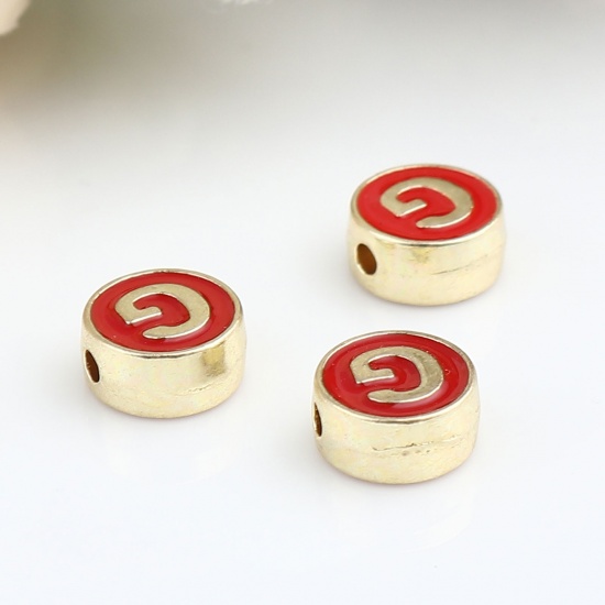Picture of Zinc Based Alloy Spacer Beads Flat Round Gold Plated Red Initial Alphabet/ Capital Letter Message " G " About 8mm Dia., Hole: Approx 1.5mm, 10 PCs
