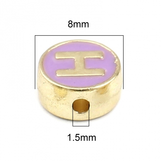 Picture of Zinc Based Alloy Spacer Beads Flat Round Gold Plated Purple Initial Alphabet/ Capital Letter Message " H " About 8mm Dia., Hole: Approx 1.5mm, 10 PCs